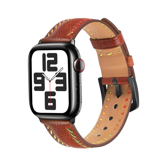 For Apple Watch Series 3 38mm Colorful Sewing Thread Leather Watch Band(Brown)