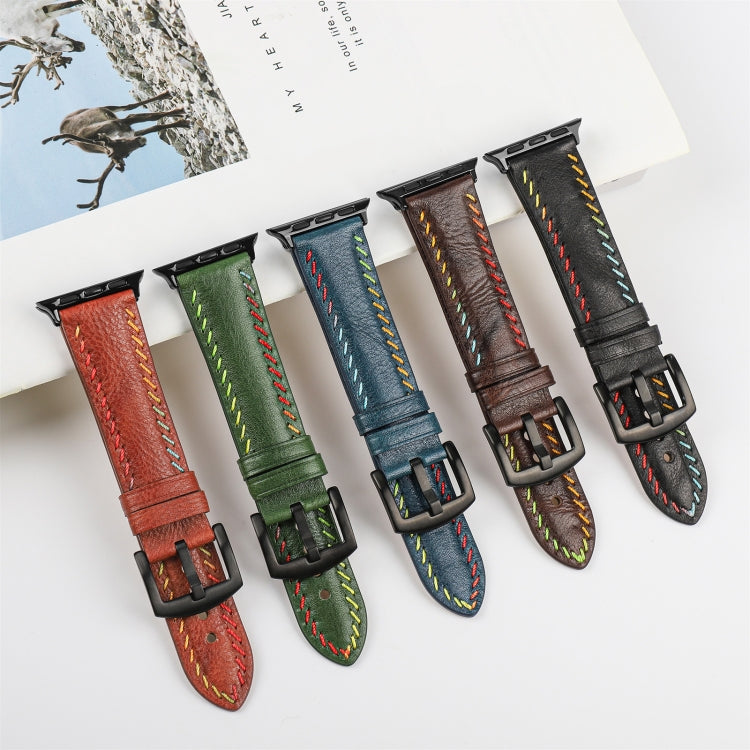 For  Apple Watch Series 5 44mm Colorful Sewing Thread Leather Watch Band(Black) - free shipping - PMC TechLife - Order now!