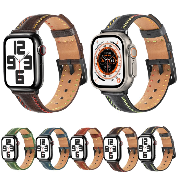 For Apple Watch Ultra 49mm Colorful Sewing Thread Leather Watch Band(Green)