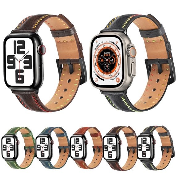 For Apple Watch Ultra 49mm Colorful Sewing Thread Leather Watch Band(Brown)