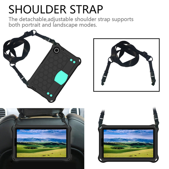 For Samsung Galaxy Tab A9 8.7 X110/X115 Honeycomb EVA Hybrid PC Tablet Case with Strap(Black+Aqua)