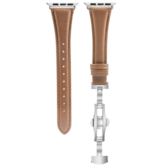 For Apple Watch SE 2023 44mm Plain Leather Butterfly Buckle Watch Band(Dark Brown+Silver)