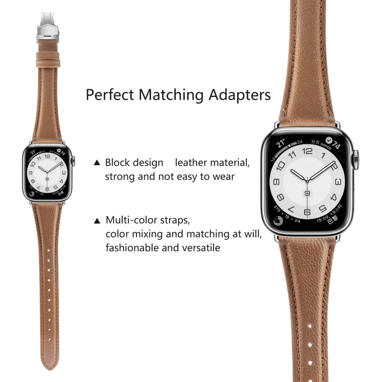 For Apple Watch SE 2023 44mm Plain Leather Butterfly Buckle Watch Band(Dark Brown+Silver)
