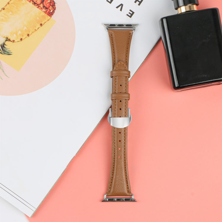 For Apple Watch SE 2023 44mm Plain Leather Butterfly Buckle Watch Band(Dark Brown+Silver)