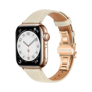 For Apple Watch SE 2023 44mm Plain Leather Butterfly Buckle Watch Band(Beige+Rose Gold)