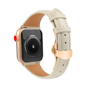 For Apple Watch SE 2023 44mm Plain Leather Butterfly Buckle Watch Band(Beige+Rose Gold)