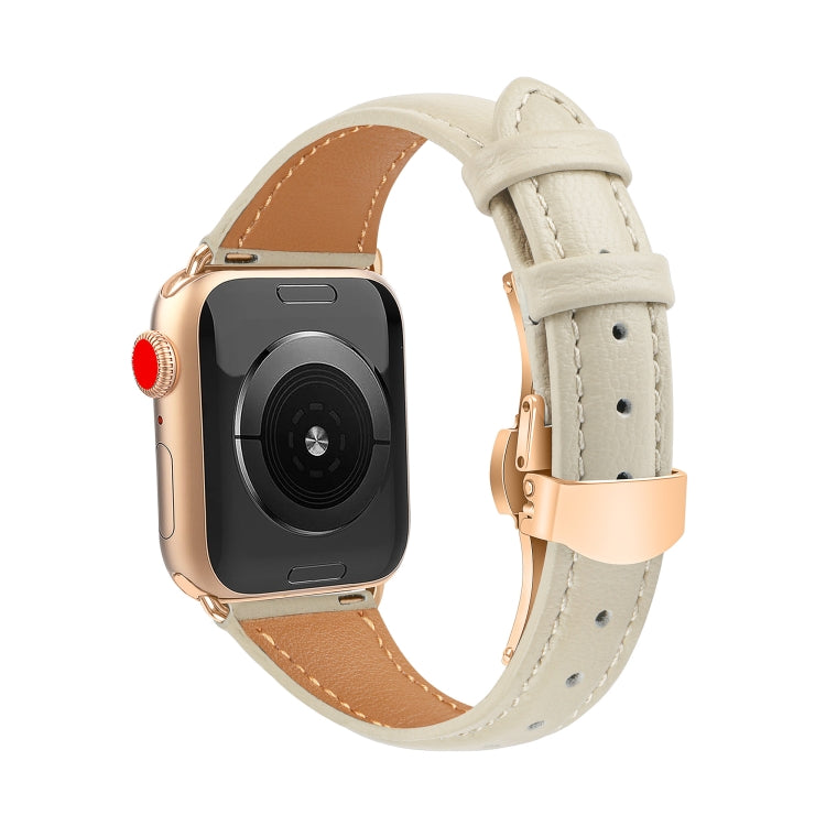 For Apple Watch SE 2023 44mm Plain Leather Butterfly Buckle Watch Band(Beige+Rose Gold)