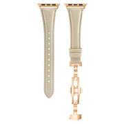 For Apple Watch SE 2023 44mm Plain Leather Butterfly Buckle Watch Band(Beige+Rose Gold)