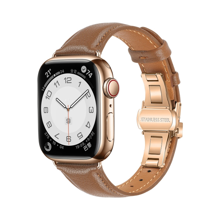For Apple Watch SE 2023 40mm Plain Leather Butterfly Buckle Watch Band(Dark Brown+Rose Gold) - free shipping - PMC TechLife - Order now!