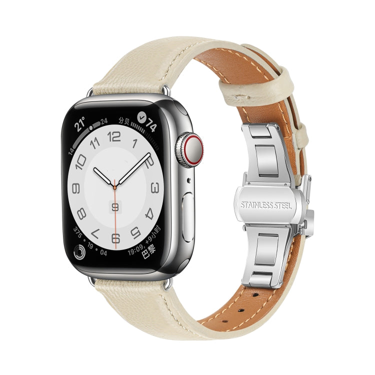 For Apple Watch Ultra 2 49mm Plain Leather Butterfly Buckle Watch Band(Beige+Silver) - free shipping - PMC TechLife - Order now!