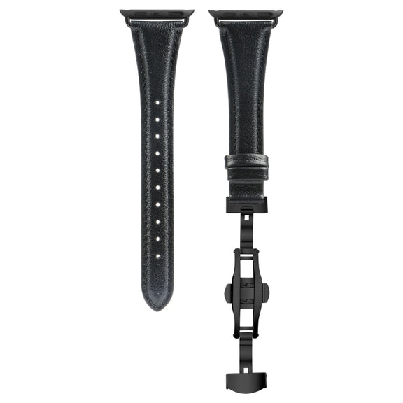 For Apple Watch Series 9 45mm Plain Leather Butterfly Buckle Watch Band(Black+Black)