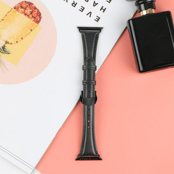 For Apple Watch Series 9 45mm Plain Leather Butterfly Buckle Watch Band(Black+Black)