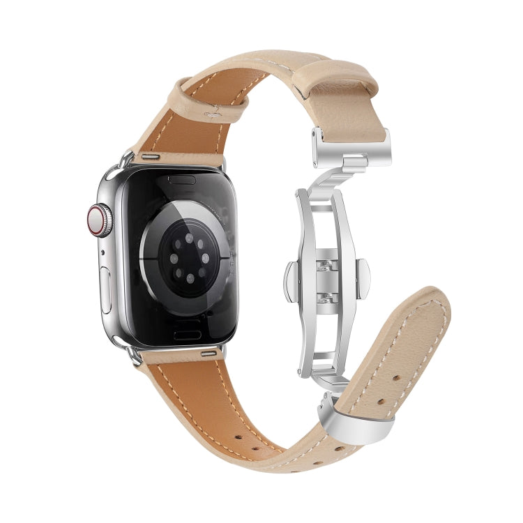 For Apple Watch Series 9 41mm Plain Leather Butterfly Buckle Watch Band(Apricot+Silver) - free shipping - PMC TechLife - Order now!