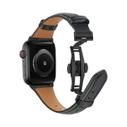 For Apple Watch Series 9 41mm Plain Leather Butterfly Buckle Watch Band(Black+Black)