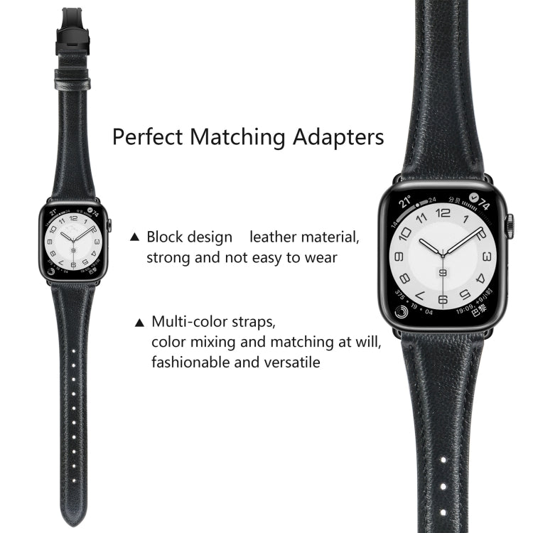 For Apple Watch Series 9 41mm Plain Leather Butterfly Buckle Watch Band(Black+Black)
