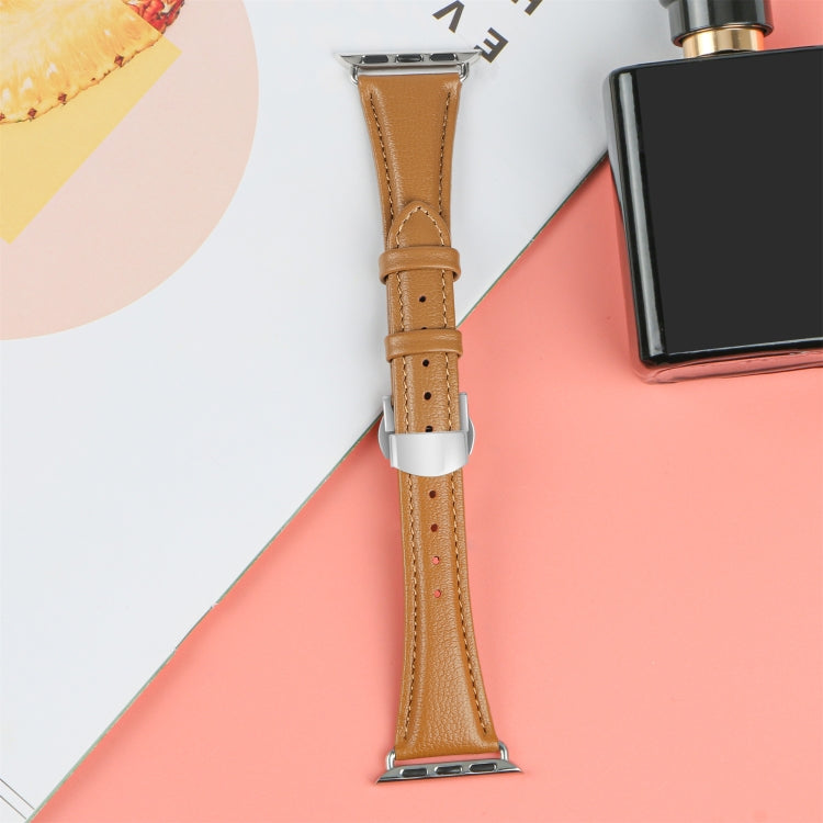 For Apple Watch Ultra 49mm Plain Leather Butterfly Buckle Watch Band(Brown+Silver) - free shipping - PMC TechLife - Order now!