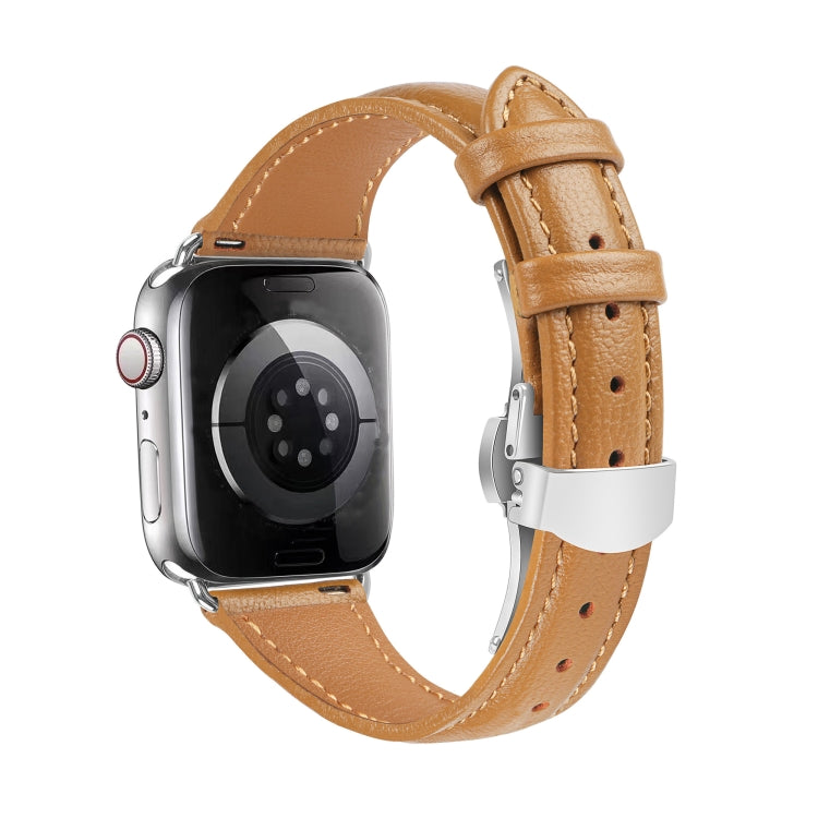 For Apple Watch Series 8 41mm Plain Leather Butterfly Buckle Watch Band(Brown+Silver) - free shipping - PMC TechLife - Order now!