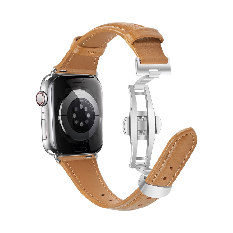 For Apple Watch Series 8 41mm Plain Leather Butterfly Buckle Watch Band(Brown+Silver) - free shipping - PMC TechLife - Order now!