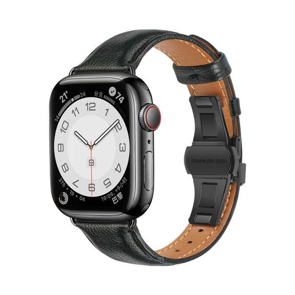 For Apple Watch Series 8 41mm Plain Leather Butterfly Buckle Watch Band(Black+Black)
