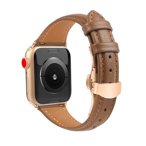 For Apple Watch Series 8 45mm Plain Leather Butterfly Buckle Watch Band(Dark Brown+Rose Gold)