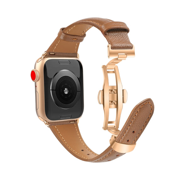 For Apple Watch Series 8 45mm Plain Leather Butterfly Buckle Watch Band(Dark Brown+Rose Gold)