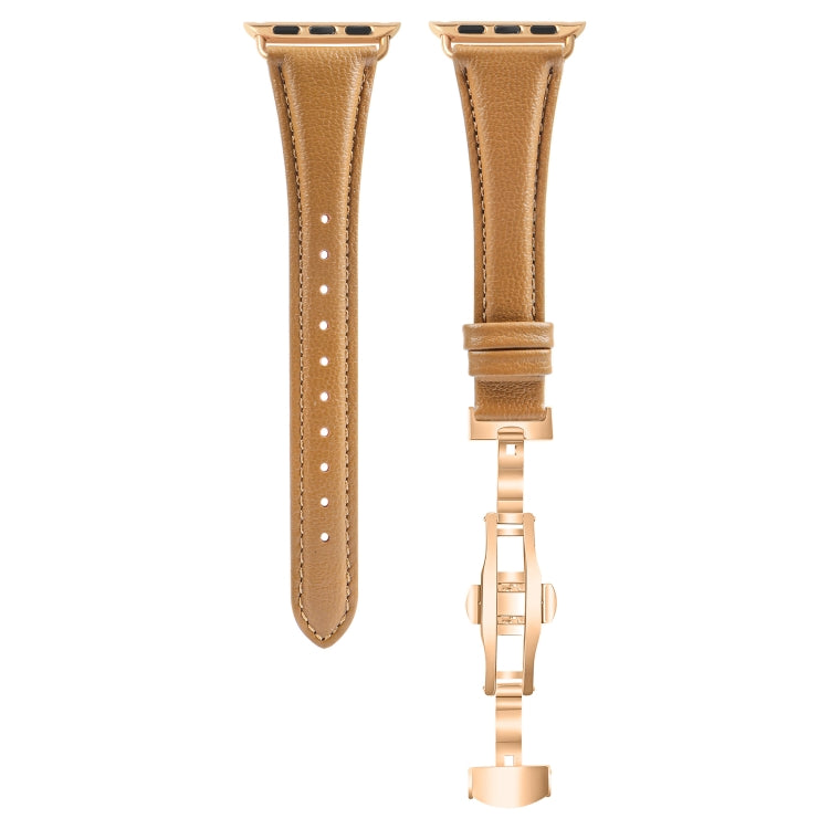 For Apple Watch Series 8 45mm Plain Leather Butterfly Buckle Watch Band(Brown+Rose Gold)