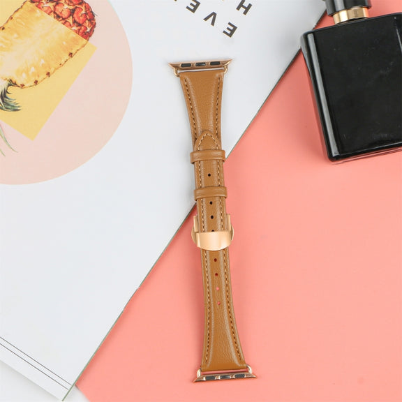 For Apple Watch Series 8 45mm Plain Leather Butterfly Buckle Watch Band(Brown+Rose Gold)