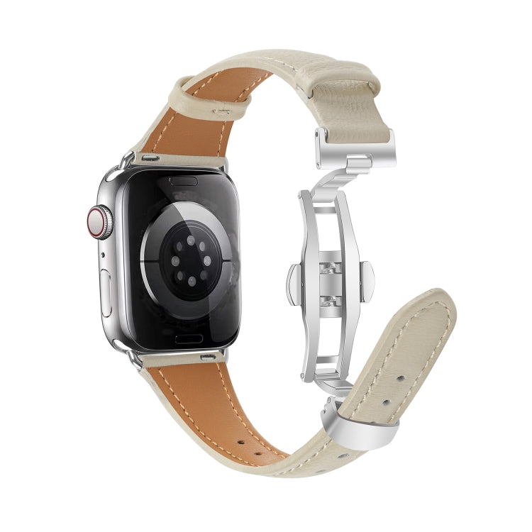 For Apple Watch SE 2022 40mm Plain Leather Butterfly Buckle Watch Band(Beige+Silver) - free shipping - PMC TechLife - Order now!