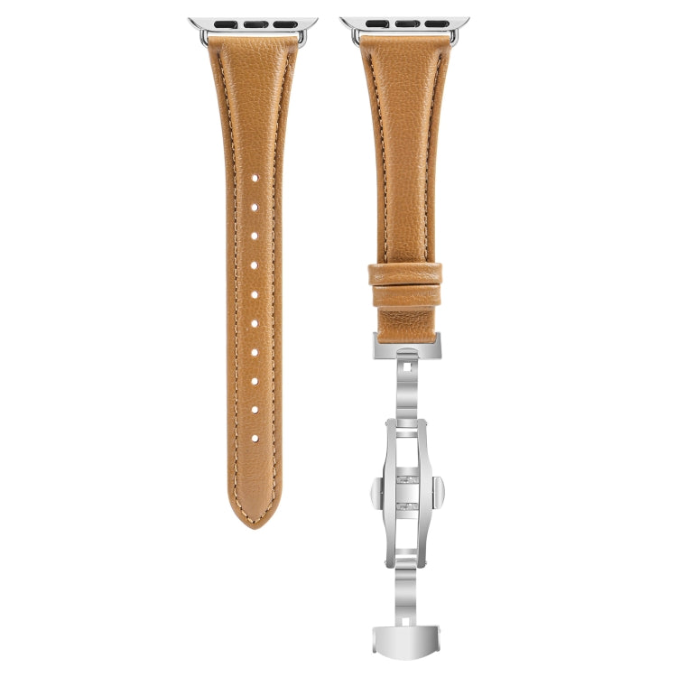 For Apple Watch SE 2022 44mm Plain Leather Butterfly Buckle Watch Band(Brown+Silver) - free shipping - PMC TechLife - Order now!