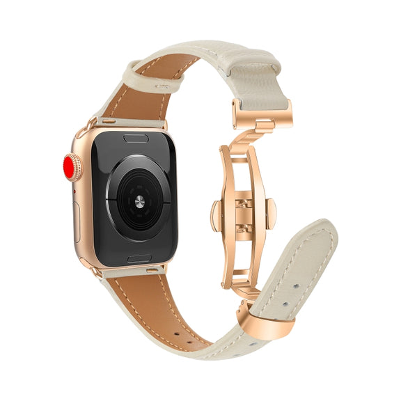 For Apple Watch SE 2022 44mm Plain Leather Butterfly Buckle Watch Band(Beige+Rose Gold)