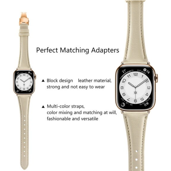 For Apple Watch SE 2022 44mm Plain Leather Butterfly Buckle Watch Band(Beige+Rose Gold)