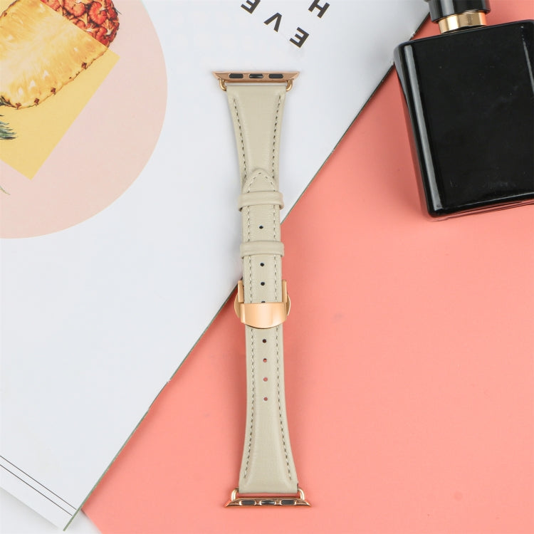For Apple Watch SE 2022 44mm Plain Leather Butterfly Buckle Watch Band(Beige+Rose Gold) - free shipping - PMC TechLife - Order now!
