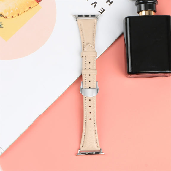 For Apple Watch Series 7 41mm Plain Leather Butterfly Buckle Watch Band(Apricot+Silver)