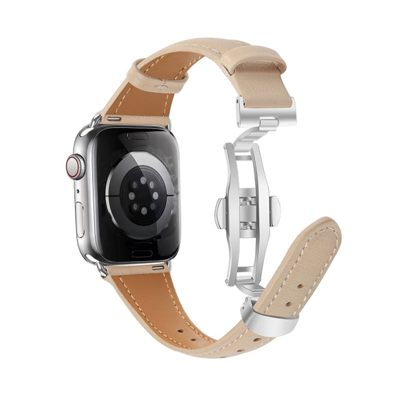 For Apple Watch Series 6 44mm Plain Leather Butterfly Buckle Watch Band(Apricot+Silver)