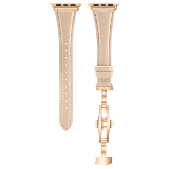 For Apple Watch Series 6 44mm Plain Leather Butterfly Buckle Watch Band(Apricot+Rose Gold)