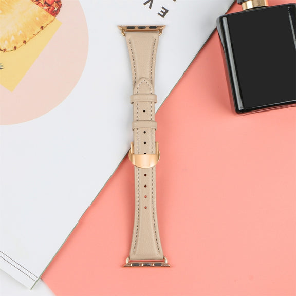 For Apple Watch Series 6 44mm Plain Leather Butterfly Buckle Watch Band(Apricot+Rose Gold)