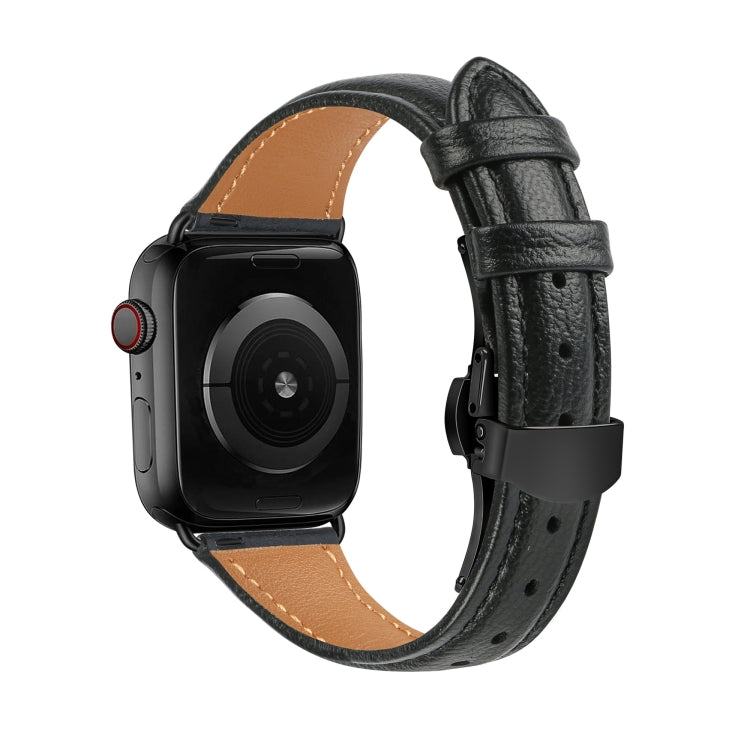 For Apple Watch Series 5 40mm Plain Leather Butterfly Buckle Watch Band(Black+Black) - Watch Bands by PMC TechLife | Online Shopping South Africa | PMC TechLife | Buy Now Pay Later Mobicred