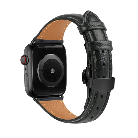 For Apple Watch Series 4 40mm Plain Leather Butterfly Buckle Watch Band(Black+Black)