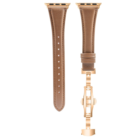 For Apple Watch Series 3 38mm Plain Leather Butterfly Buckle Watch Band(Dark Brown+Rose Gold)