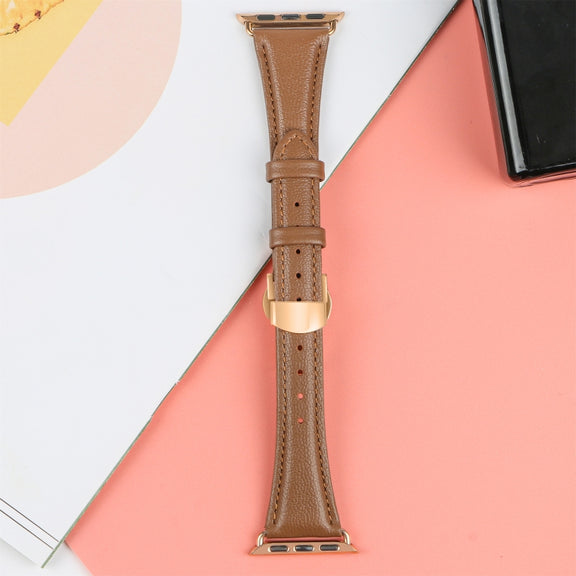 For Apple Watch Series 3 38mm Plain Leather Butterfly Buckle Watch Band(Dark Brown+Rose Gold)
