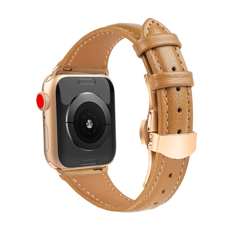 For Apple Watch Series 3 38mm Plain Leather Butterfly Buckle Watch Band(Brown+Rose Gold) - free shipping - PMC TechLife - Order now!