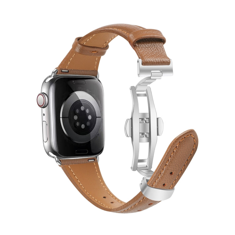 For Apple Watch Series 3 42mm Plain Leather Butterfly Buckle Watch Band(Dark Brown+Silver)