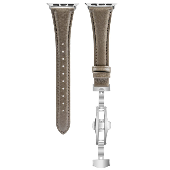 For Apple Watch Series 3 42mm Plain Leather Butterfly Buckle Watch Band(Gray+Silver)