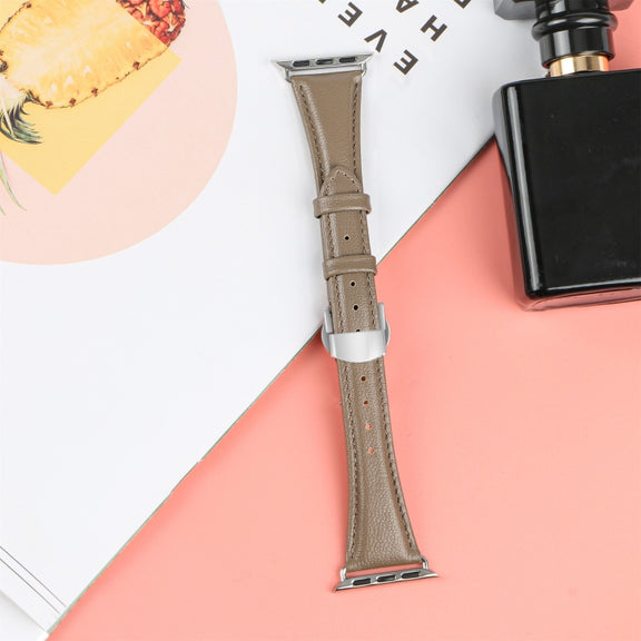 For Apple Watch Series 3 42mm Plain Leather Butterfly Buckle Watch Band(Gray+Silver)