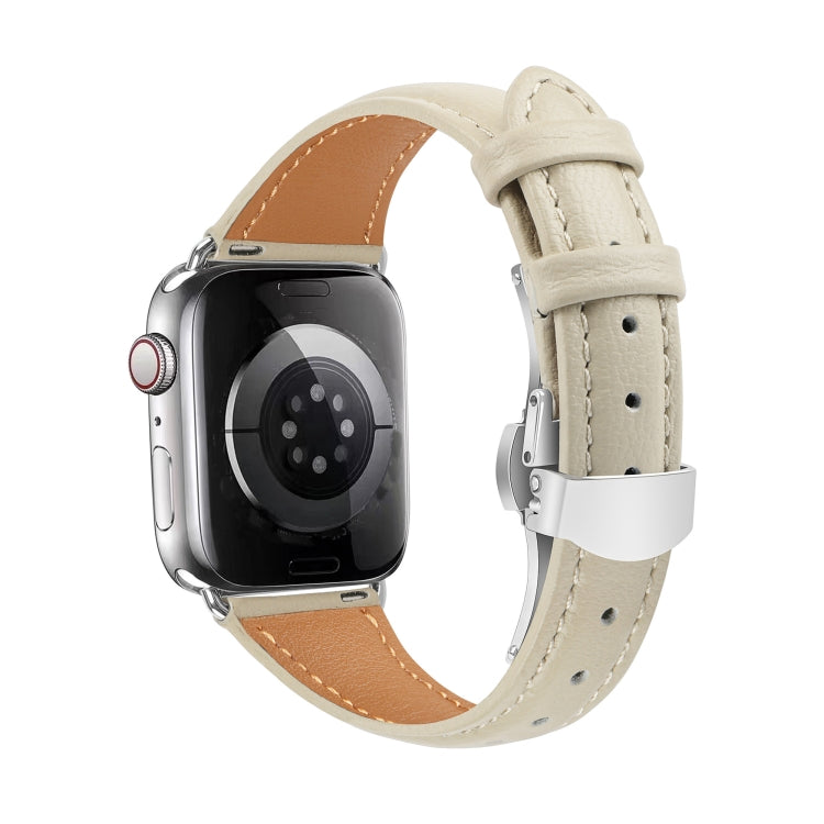 For Apple Watch Series 3 42mm Plain Leather Butterfly Buckle Watch Band(Beige+Silver)