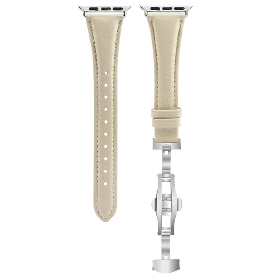 For Apple Watch Series 3 42mm Plain Leather Butterfly Buckle Watch Band(Beige+Silver)