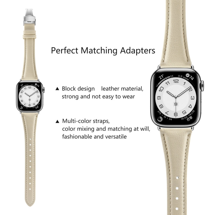 For Apple Watch Series 3 42mm Plain Leather Butterfly Buckle Watch Band(Beige+Silver)