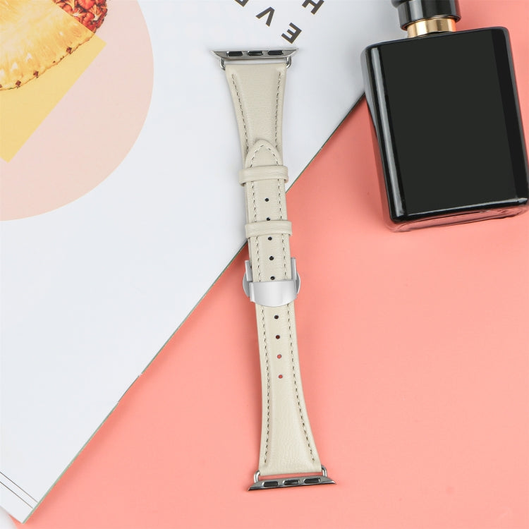 For Apple Watch Series 3 42mm Plain Leather Butterfly Buckle Watch Band(Beige+Silver)