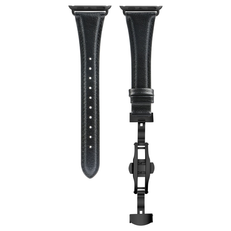 For Apple Watch Series 3 42mm Plain Leather Butterfly Buckle Watch Band(Black+Black) - Watch Bands by PMC TechLife | Online Shopping South Africa | PMC TechLife | Buy Now Pay Later Mobicred
