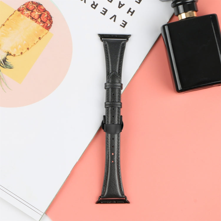 For Apple Watch Series 3 42mm Plain Leather Butterfly Buckle Watch Band(Black+Black) - Watch Bands by PMC TechLife | Online Shopping South Africa | PMC TechLife | Buy Now Pay Later Mobicred